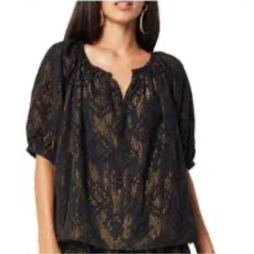 Roller Rabbit Alianne V-Neck Short Puff Sleeve Lurex Pleated Woven Top